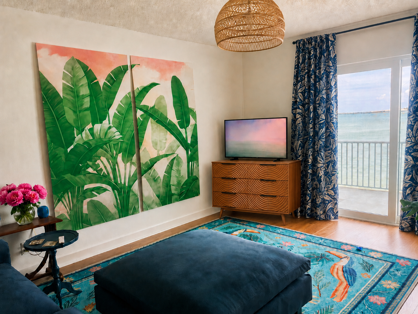 Living room with large banana-leaf artwork, blue ottoman, and a bayfront balcony